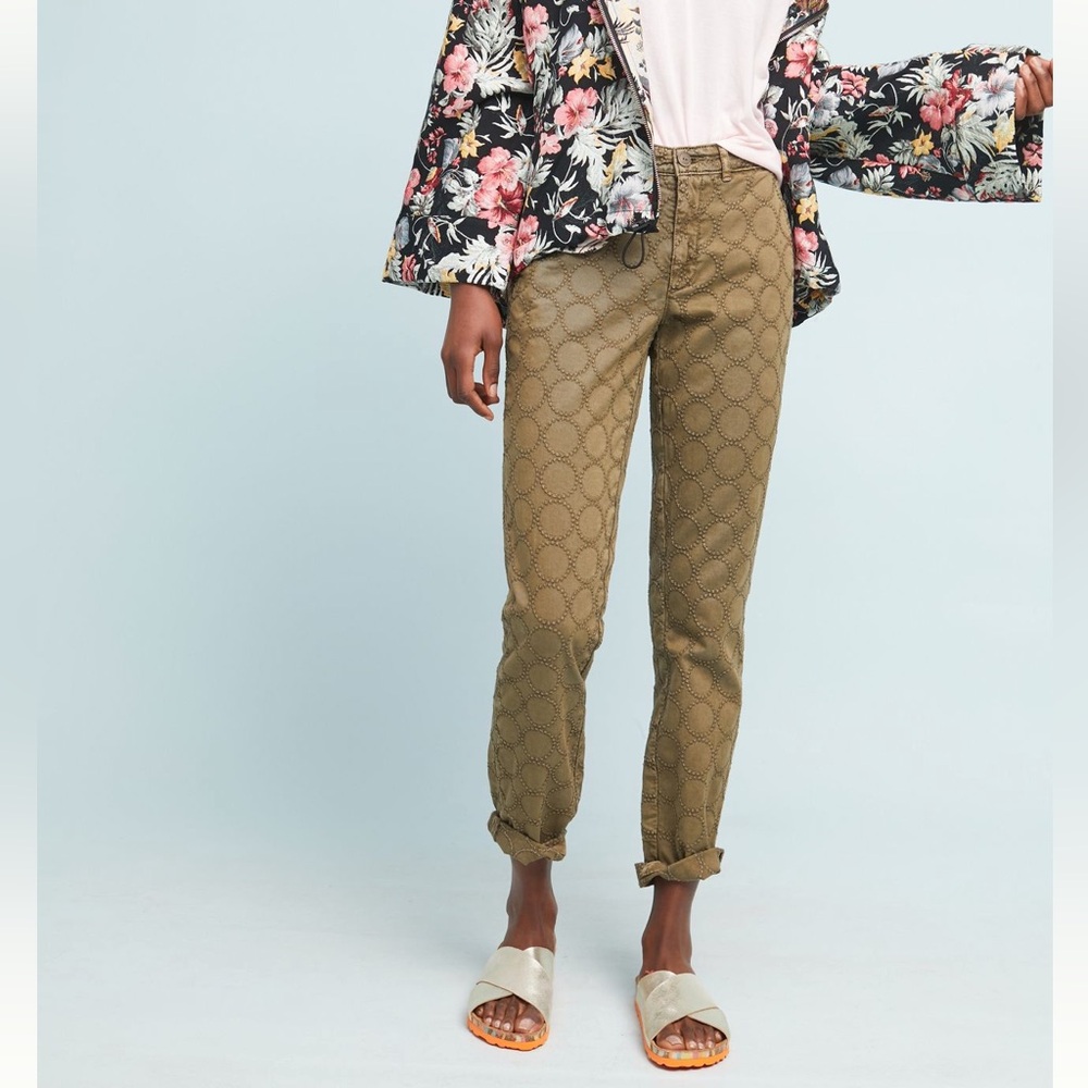 ANTHROPOLOGIE Relaxed Circle-Embroidered Chino Pants - Moss - Sz 24